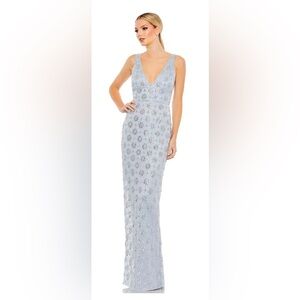 MacDougal embellished mesh v neck sleeveless gown in powder blue